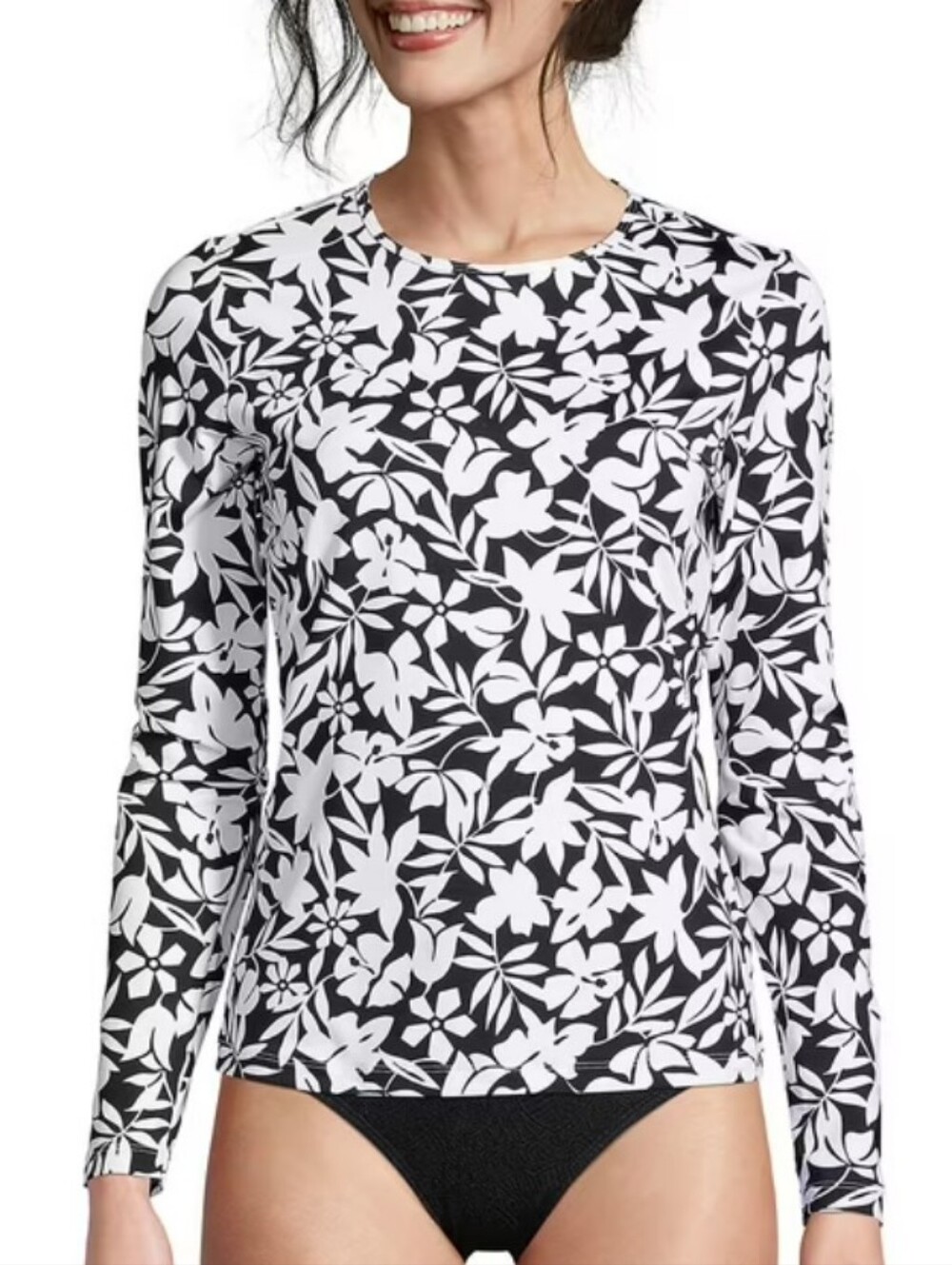 Lands' End Black & White Floral Long Sleeve Rash Guard SunShade UPF 50